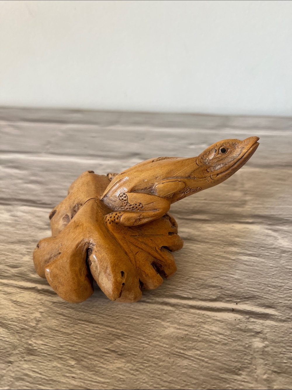 Hand Carved Burl Wood Frog Figurine - Natural Brown